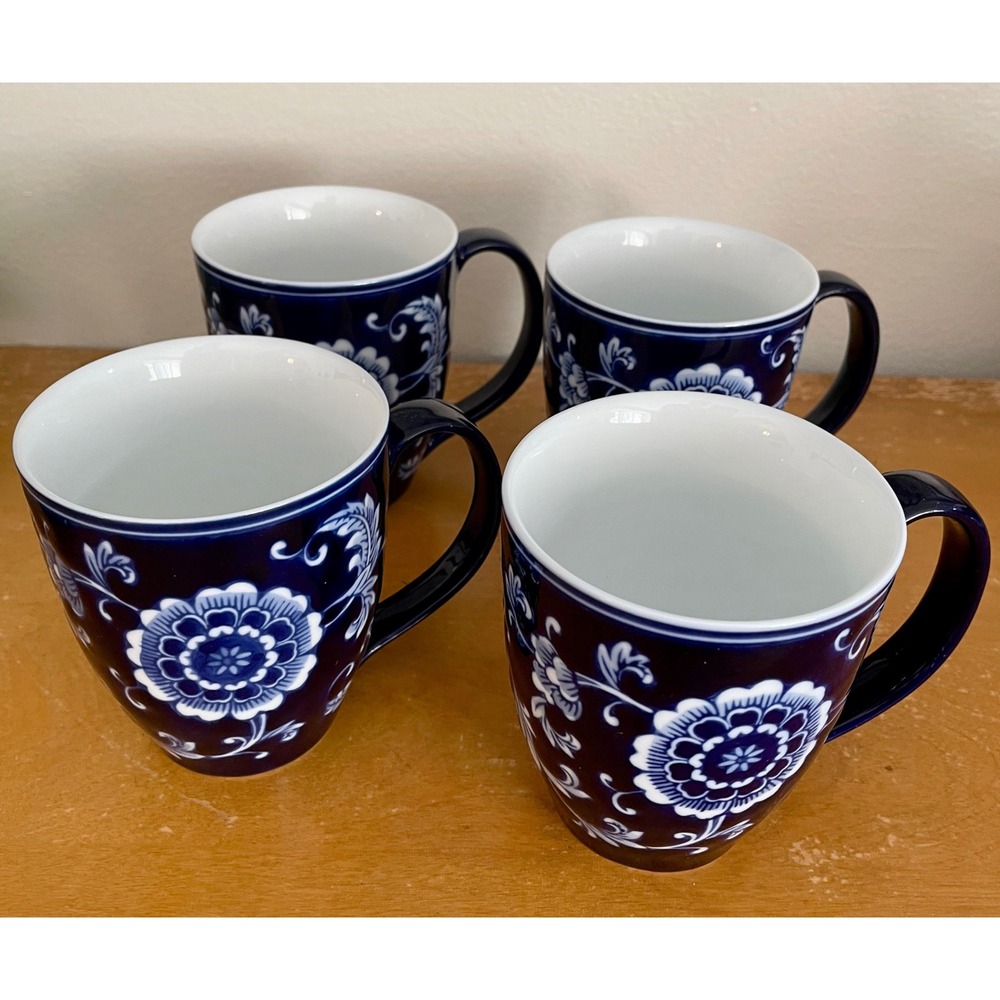 Pier One Mandarin Blue and White Porcelain Mugs Set of 4 Cobalt